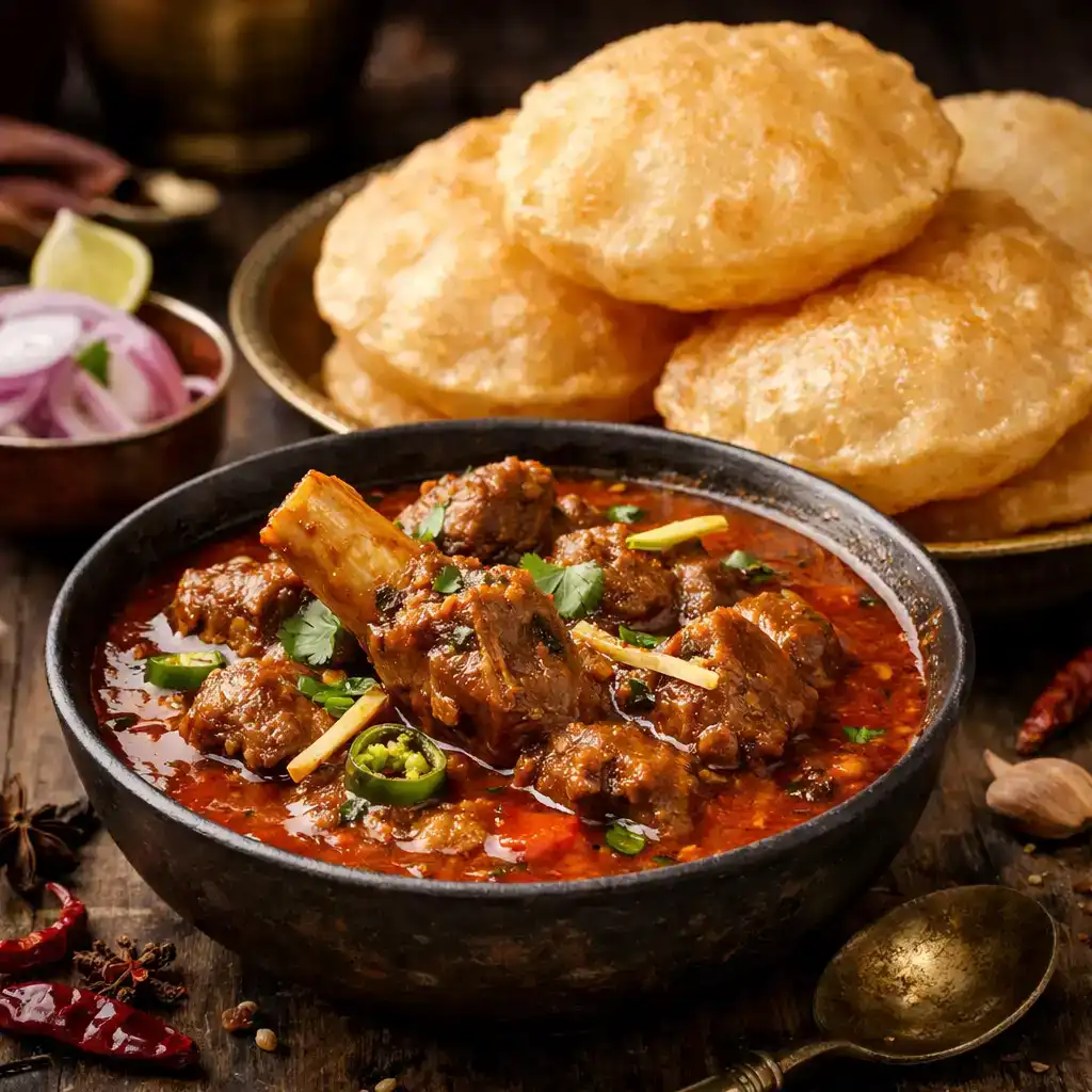 Poori With Goat Curry at Hashtag India